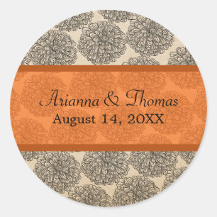 Vintage Zinnia Wedding Stickers, Tangerine Classic Round Sticker