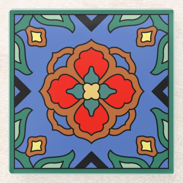 Vintate Catalina Island Tile Design Glass Coaster (Front)