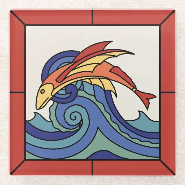 Vintate Catalina Island Tile Design Glass Coaster (Front)