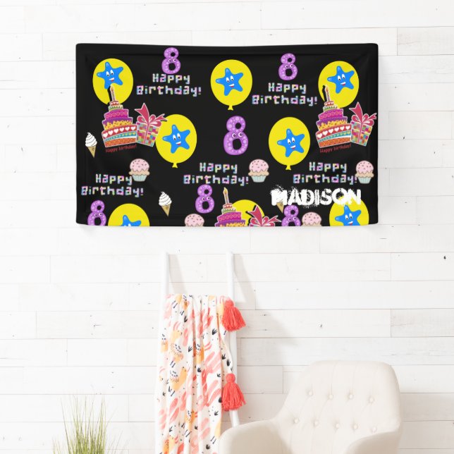 Vinyl Banner, Happy 8th Birthday Banner, #8 Black Banner (Insitu)