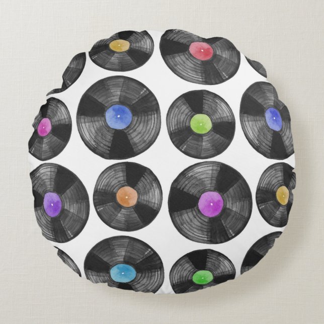 Vinyl LP Records Retro Illustration Round Cushion (Front)