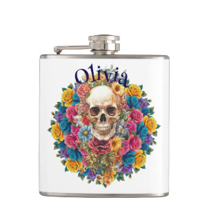 Vinyl Petaca skull and flowers Hip Flask
