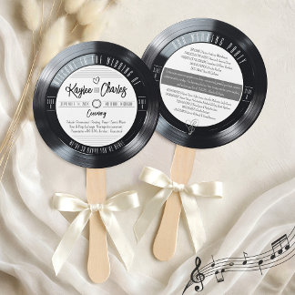 Vinyl Record Black and White Retro Wedding Program Hand Fan