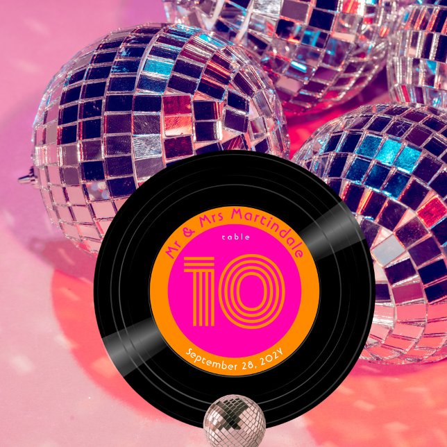 Vinyl Record Disco Hot Pink Orange Table Number (Disco vinyl record style wedding table number hot pink and orange)