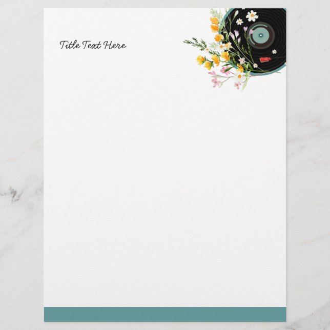 Vinyl Record, floral, Oldies Rustic, women music Custom Letterhead (Front)