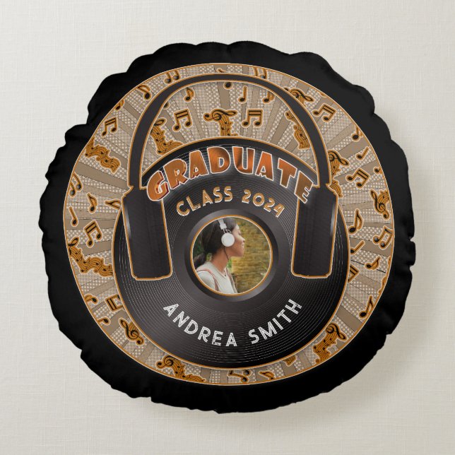 Vinyl Record Headphone Modern Retro Musical Grad Round Cushion (Front)