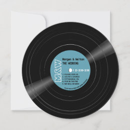 Vinyl Record Monogram Retro Blue Wedding Invitation