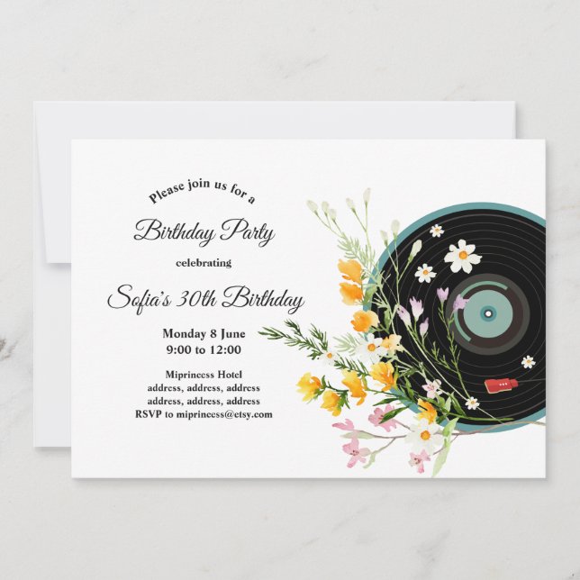 Vinyl Record,  Oldies Rustic music, flowers, Invitation (Front)