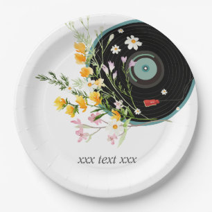 Vinyl Record, Oldies Rustic music, flowers, Paper Plate