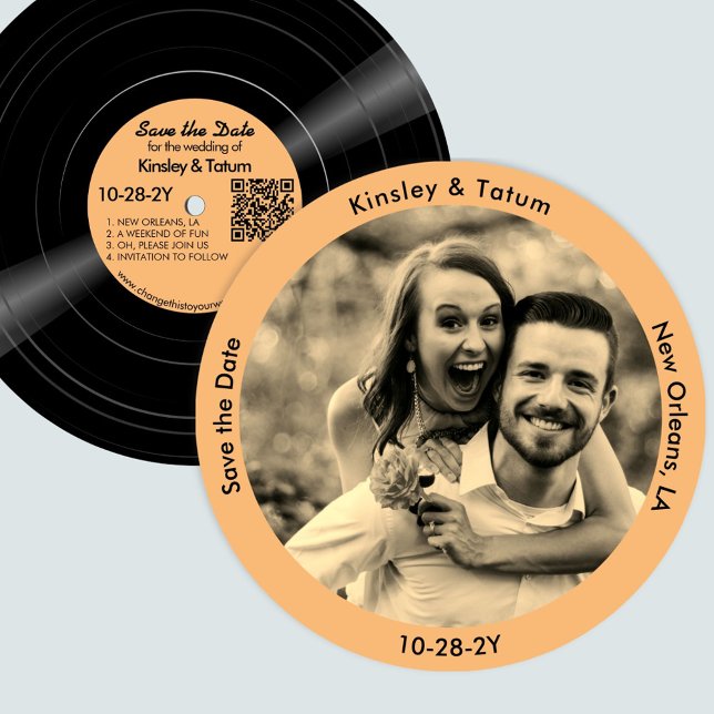 Vinyl Record Photo Save the Date Sepia (Vinyl record style save the date with your photo on one side and a record image on the other.)