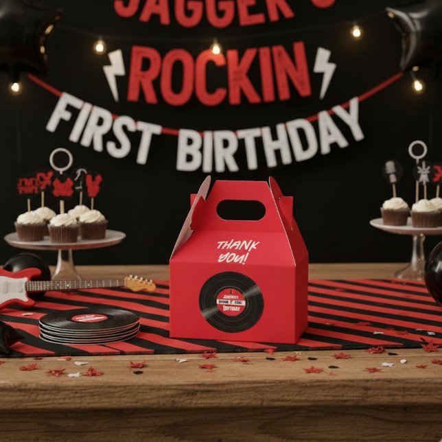 Vinyl Record Rock and Roll Birthday Red Gable Favour Box (Custom vinyl record favor boxes for a rockin' birthday)