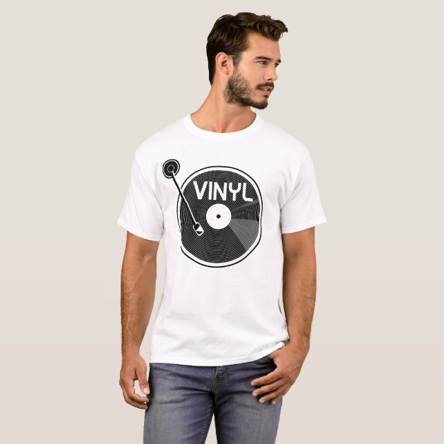 Vinyl Record Turntable Black and White T-Shirt (Front Full)