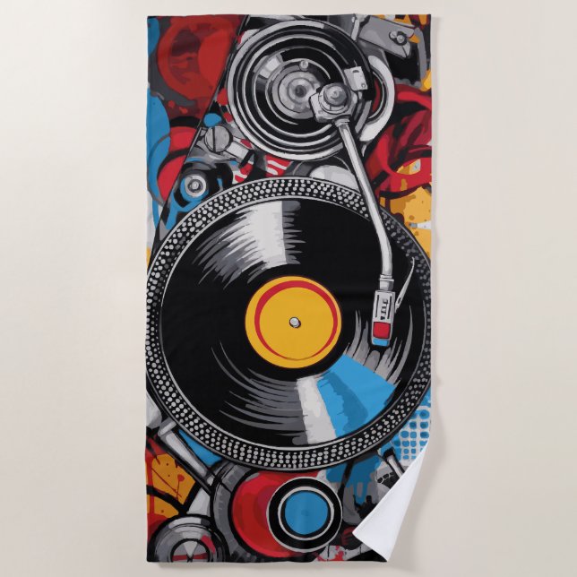Vinyl Record Turntable DJ Art Beach Towel (Front)