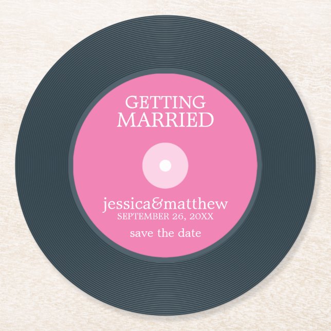 Vinyl Record Wedding Save the Date Wedding Round Paper Coaster (Front)