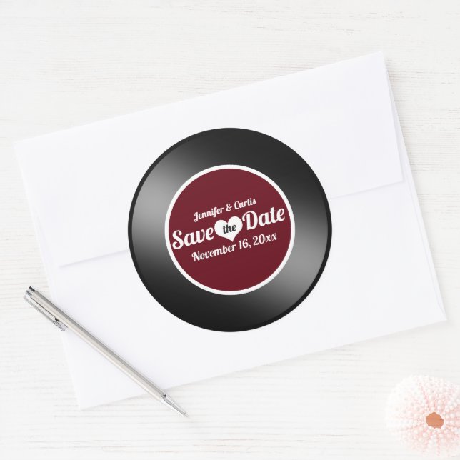 Vinyl Record Wine Red Wedding Save the Date  Classic Round Sticker (Envelope)