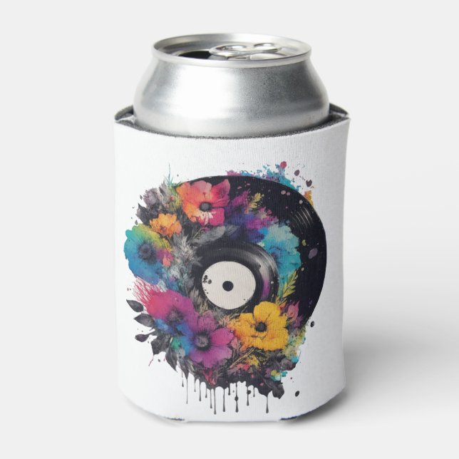 Vinyl record with colourful flowers can cooler (Can Front)