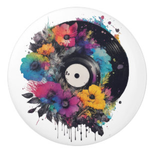 Vinyl record with colourful flowers ceramic knob