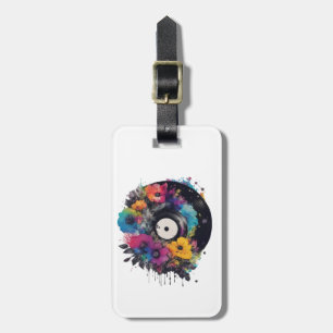 Vinyl record with colourful flowers luggage tag