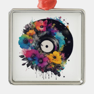 Vinyl record with colourful flowers metal tree decoration