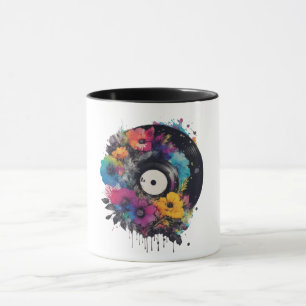 Vinyl record with colourful flowers mug