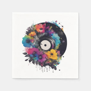 Vinyl record with colourful flowers napkin