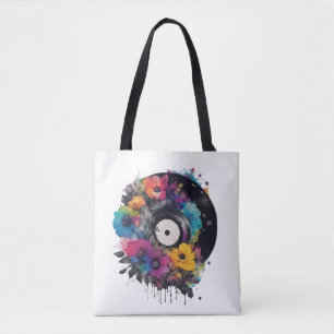 Vinyl record with colourful flowers tote bag