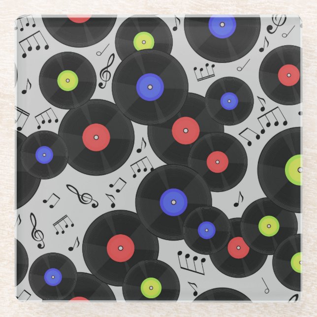 Vinyl Records: Music Note Pattern Glass Coaster (Front)