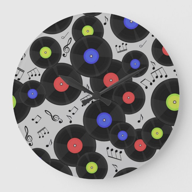 Vinyl Records: Music Note Pattern Large Clock (Front)