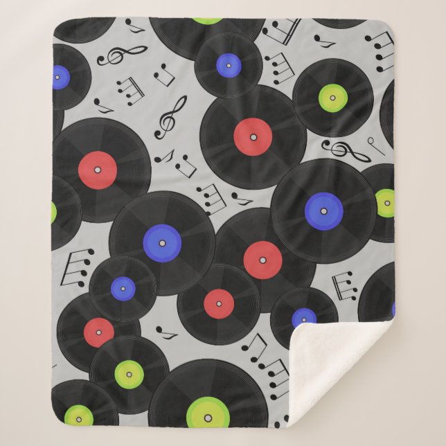 Vinyl Records: Music Note Pattern Sherpa Blanket (Front)