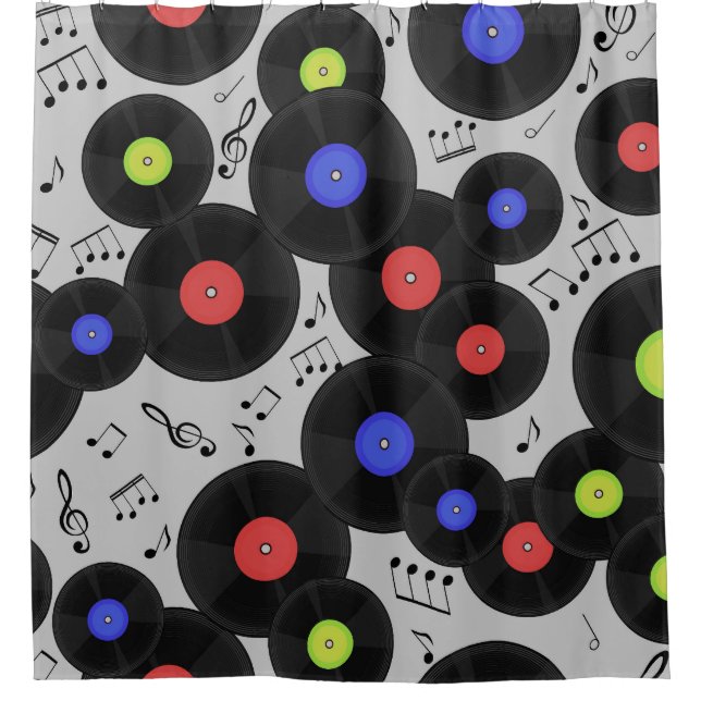 Vinyl Records: Music Note Pattern Shower Curtain (Front)
