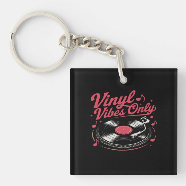 Vinyl Vibes Only - Retro Record Player Design Key Ring (Front)