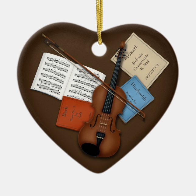 Viola & Bow on Pile of Music Books Personalized Ceramic Tree Decoration (Front)