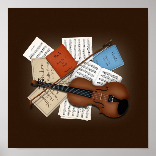 Viola & Bow With Books & Sheet Music Customisable Poster (Front)