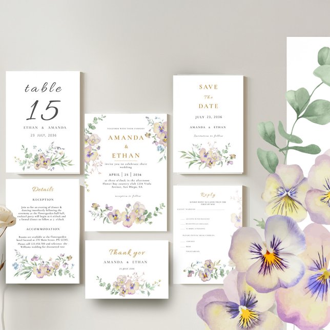 Viola & Eucalyptus Floral Wedding Invitation (Creator Uploaded)