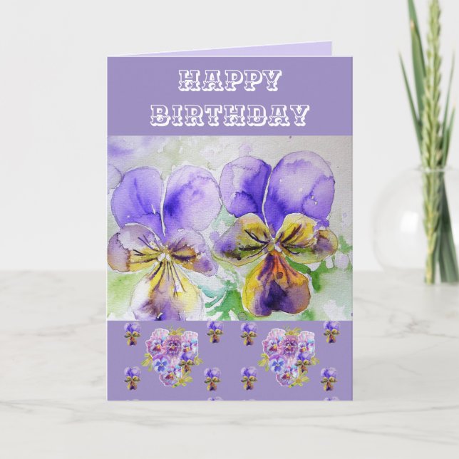 Viola Pansy Watercolor Floral Painting Purple Card (Front)