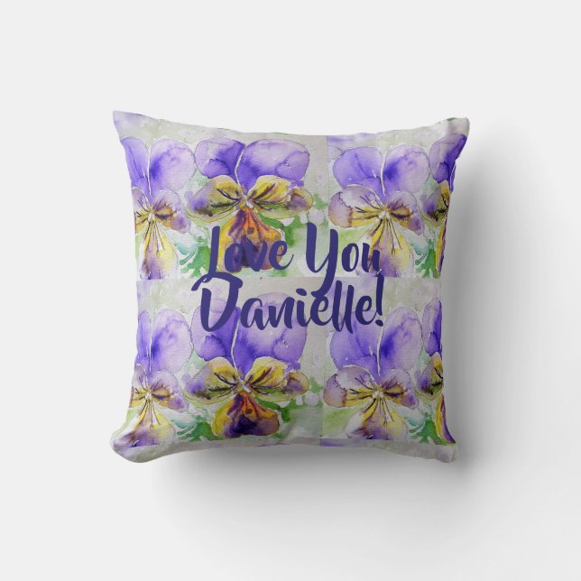 Viola Watercolor Flowers Floral Love You Cushion (Front)