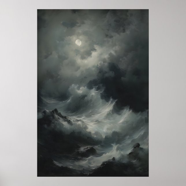 Violent Ocean Waves Full Moon Gothic Seascape Wall Poster (Front)