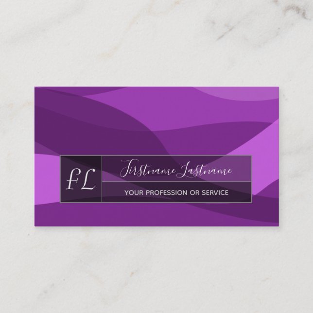 Violet abstract waves grey rectangles monogram bus business card (Front)