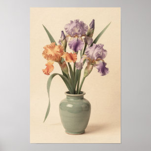 Violet and Apricot Irises in Sage Vase Poster