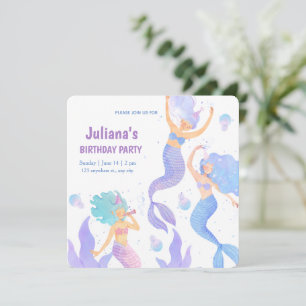 Violet and Blue Watercolor Mermaid birthday Invitation