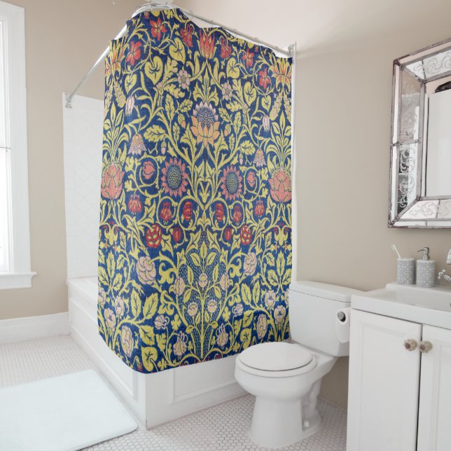 Violet and Columbine, William Morris Shower Curtain (In Situ)