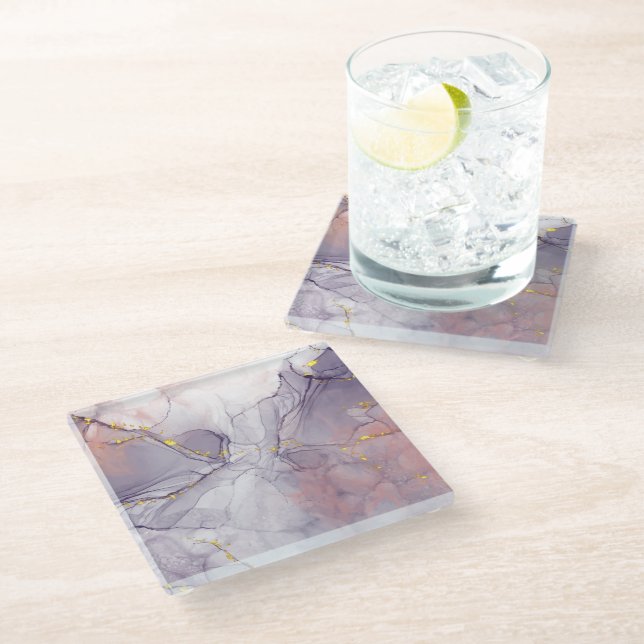 Violet and Gold Marble Glass Coaster (Angled)