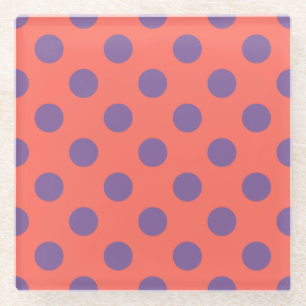 Violet and living coral polka dots glass coaster