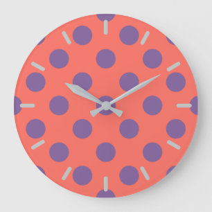 Violet and living coral polka dots large clock