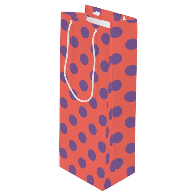 Violet and living coral polka dots wine gift bag (Front Angled)