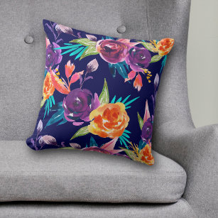 Violet and Orange Floral on Navy Blue Cushion