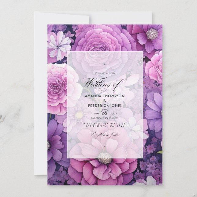 Violet and Pink Floral Wedding Invitation (Front)