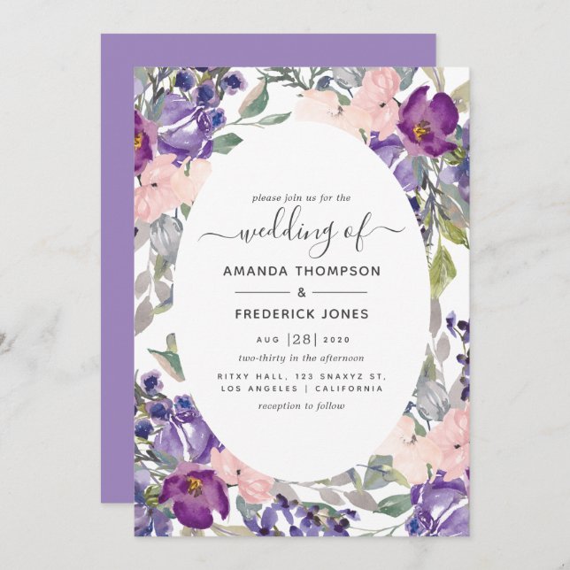Violet and Plum Floral Wedding Invitation (Front/Back)