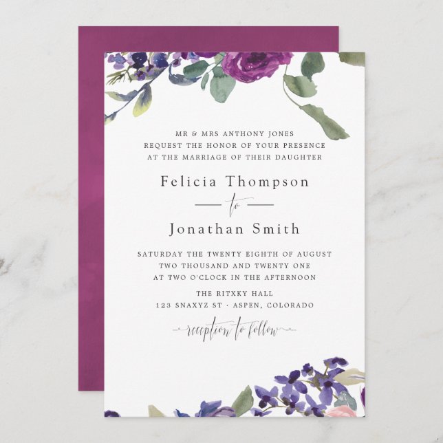 Violet and Plum Floral Wedding invitation (Front/Back)