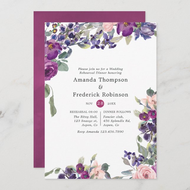 Violet and Plum Floral Wedding Rehearsal Dinner Invitation (Front/Back)